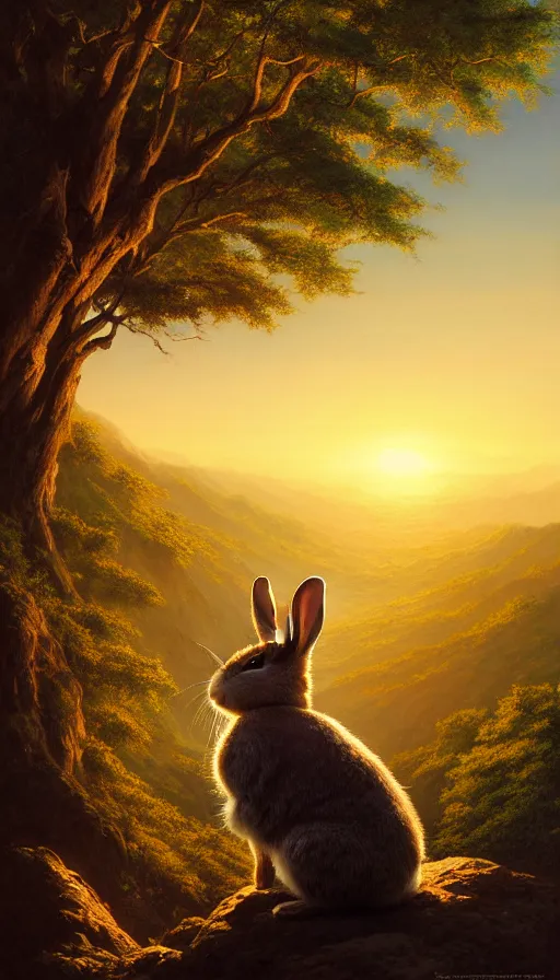 Image similar to hyper realistic rabbit looking off of a cliff, sun setting behind rabbit silhouette, lush forest in valley below, painted by craig mullins, j. c. leyendecker 8 k