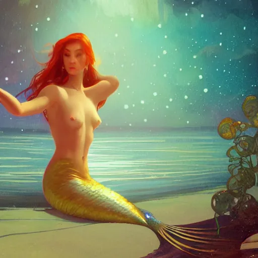 Image similar to a mermaid with a beautiful sparkling fin, cinematic lighting, soft bokeh, fantasy, modern, colourful, highly detailed, digital painting, artstation, deviantart, concept art, sharp focus, illustration, alphonse mucha, edward hopper