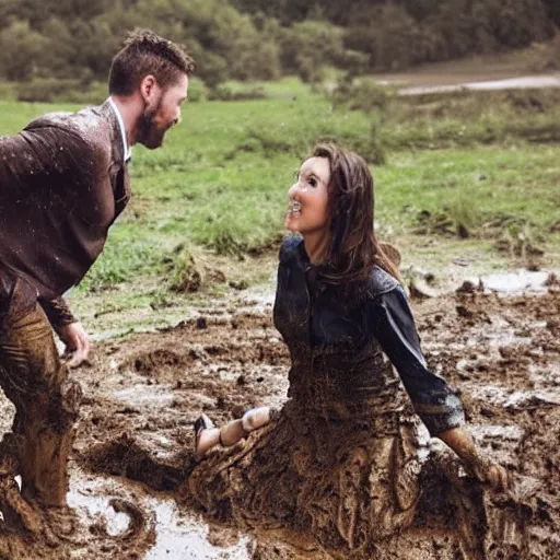 Image similar to film footage, a handsome man takes a woman out of the mud, clear and original image, no image error