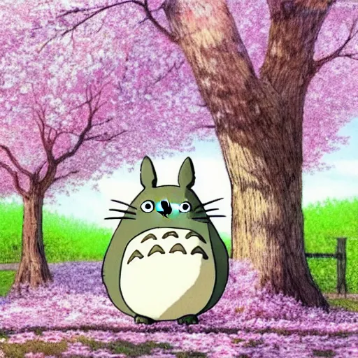 Image similar to Totoro in a cherry blossom field ghibli theme