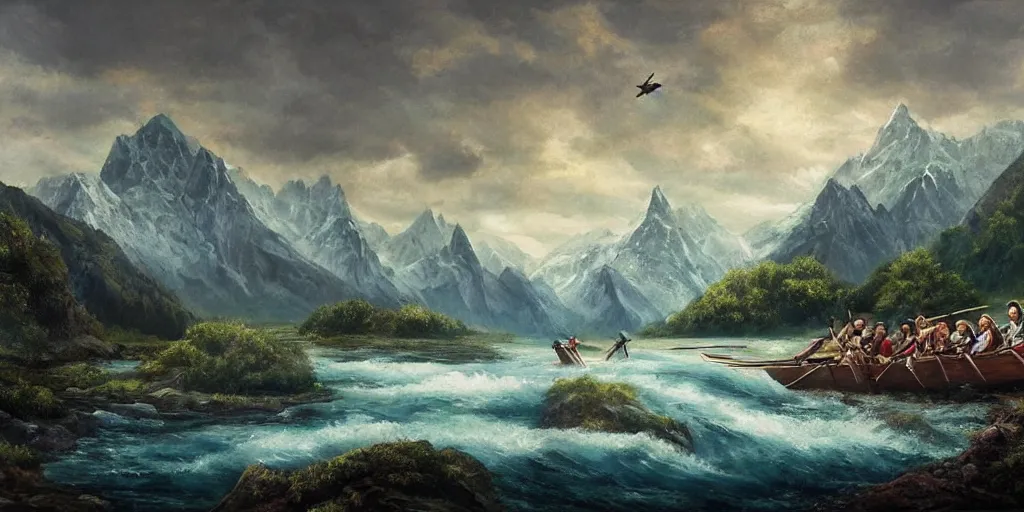 Prompt: A majestic landscape featuring a river, mountains and a forest. A small group of birds is flying in the sky. there is a group of man carrying a boat above their heads. Cinematic, very beautiful, painting in the style of Lord of the rings