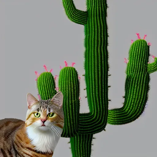 Prompt: A cat with a cactus, hyperrealistic 8K atmospheric render, very detailed