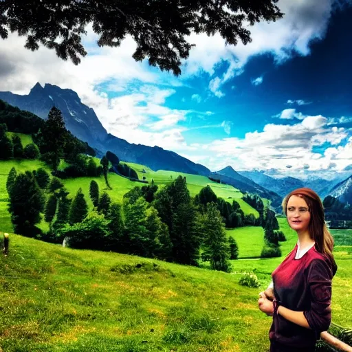 Image similar to a beautiful photograph of a girl with switzerland landscape in the background with trees, hdr, 8 k, high quality, sharp focus, artstation, highly detailed, award - winning, dramatic lighting, beautiful clouds, and nature