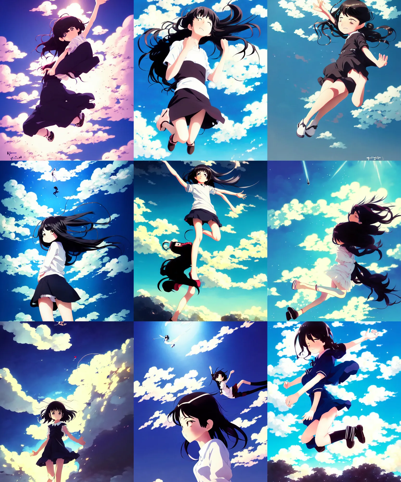 Prompt: anime visual, full body portrait of a young black haired girl flying in the sky cute face by yoh yoshinari, katsura masakazu, dramatic lighting, dynamic pose, dynamic perspective, strong silhouette, ilya kuvshinov, moody, detailed