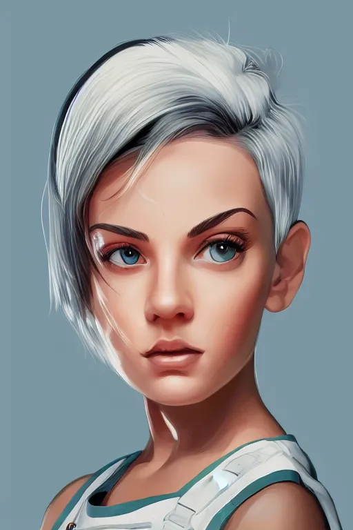 Prompt: portrait of an engineer girl with short white hair, wearing overalls, medium shot, portrait, concept art, vector line art, natural lighting, illustration, highly detailed, artstation,