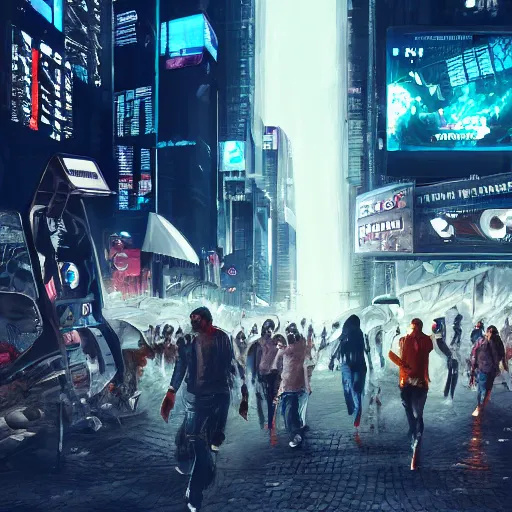 Prompt: landscape bunch of people running away scared from cryptocurrency logo standing in the city, cyberpunk, artstation, hyperdetailed, hdr, 8 k