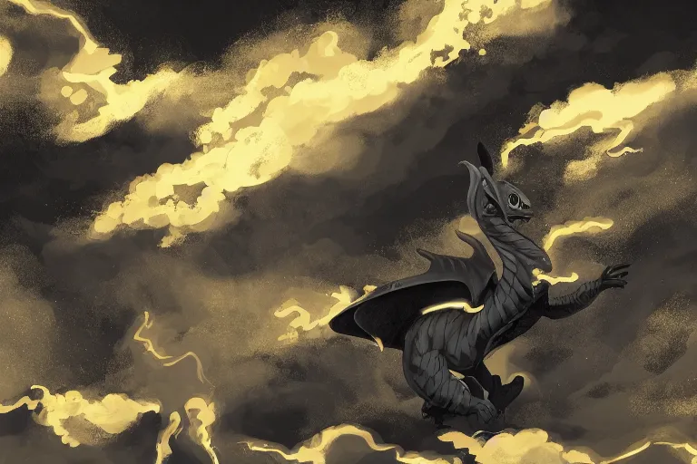 Image similar to full body digital illustration of a young dragon of black and gold, clouds, bituminous pattern by randy vargas, bituminous design studio lighting, concept art, matte background, deviantart, artstation