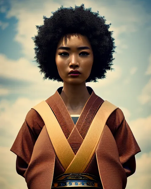 Image similar to portrait of pretty samurai with afro, female, prismatic highlights, super model, brown skin, blue eyes, telephoto, beautiful, depth of field, cinematic, macro, concept art, 50mm, art station, wepa digital, digital painting, elegant, epic, focus, octane render, v-ray, 8k, C4D, art by Karol Bak