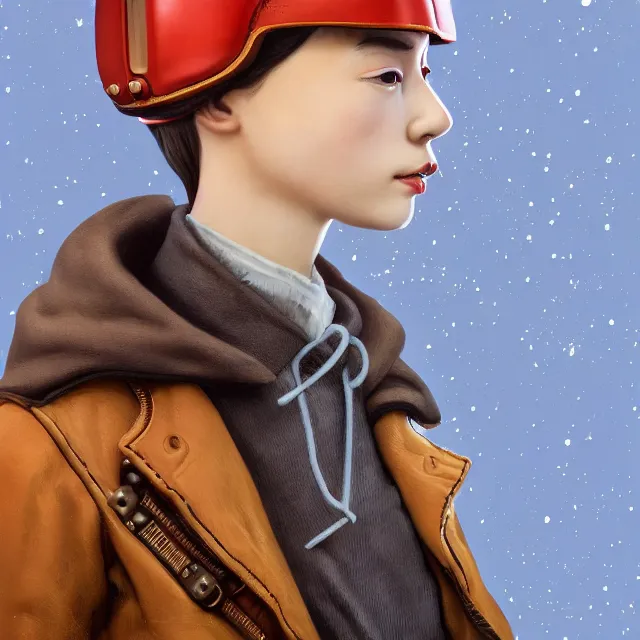 Image similar to highly detailed close portrait of androgynous girl wearing bakelite leather jacket, bakelite rocky mountains, japanese haunted forest, by hsiao - ron cheng and artgerm, modular synthesizer helmet backpack, the grand budapest hotel, glow, no crop, digital art, artstation, pop art, 1 0 5 mm canon, f 2. 8, kodak