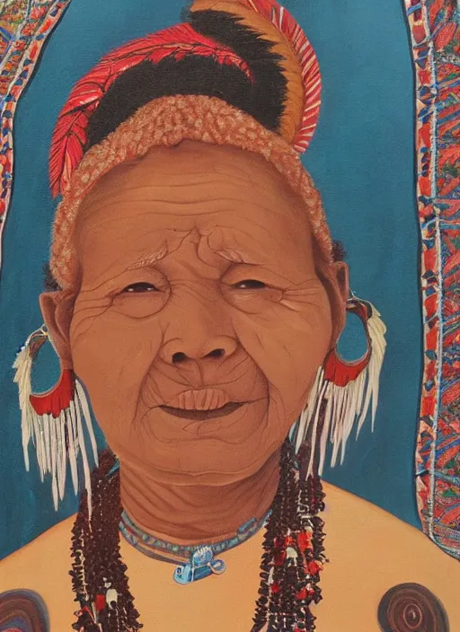 Image similar to a beautiful painting of an indigenous grand-mother, highly detailed