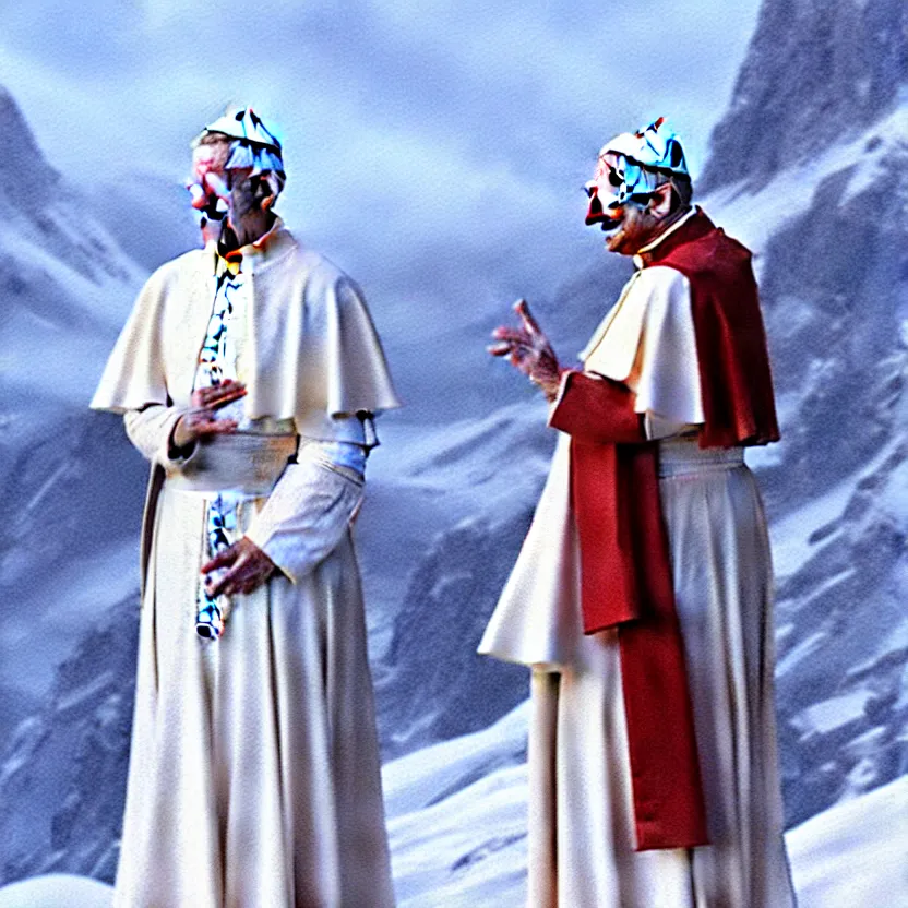 Prompt: pope joseph ratzinger standing on a snowy mountain slope. wearing long white dress. blessing with the hand. detailed cloth, detailed face. concept art. matte painting