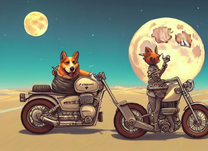 Image similar to a cell shaded cartoon corgi riding a motorcycle, with a big head, on a desert road, wide shot, in front of a big moon, muted colors, post grunge, josan gonzales, wlop, by james jean, victor ngai, hq, deviantart, art by artgerm