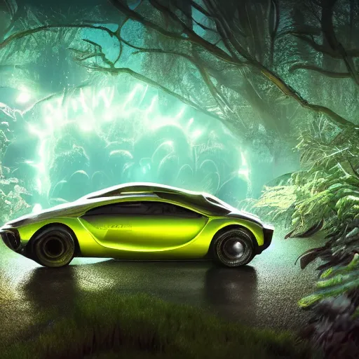 Image similar to a fancy alien sports car abandoned on magical biome of oddities, hyper realistic, luminescent, enchanted plants, magical trees, cinematic shot, intricate, ornate, photorealistic, ultra detailed, realistic, 1 0 0 mm, photography, octane, high definition, depth of field, bokeh, 8 k, behance, artstation