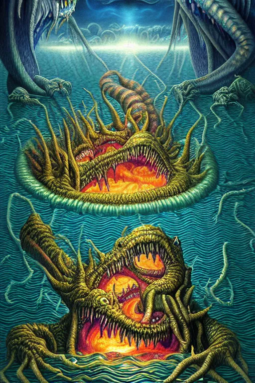 Image similar to a photorealistic painting of an isometric nightmare on the water horror by johfra bosschart, lisa frank, dark fantasy art, high detail, trending on artstation