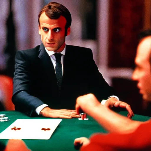 Prompt: Emmanuel Macron, playing poker with the devil, in American Psycho (1999)