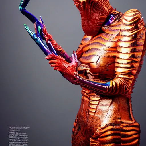 Image similar to an alien creature wearing latex fashion by jan van eyck, ernst fuchs, nicholas kalmakoff, joep hommerson, fashion editorial, prosthetic makeup, character, full body