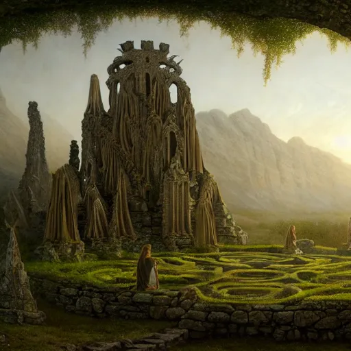 Prompt: a beautiful and highly detailed matte painting of an ancient celtic knotted elven temple, epic scale, insanely complex, hyperdetailed, sharp focus, hyperrealism, artstation, cgsociety, 8 k, by caspar friedrich, albert bierstadt, james gurney, brian froud,