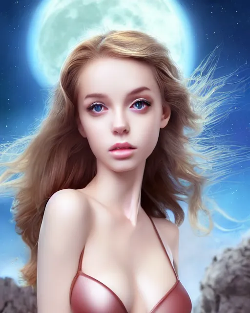 Image similar to a kitten on a rocket, photo, ultra detail, photoreal, professionally retouched, soft moonlight lighting, shiny plastic bikini, realistic, smooth face, goddess, luscious lips, perfect eyes, wide angle, sharp focus on eyes, 8 k high definition, insanely detailed, intricate, elegant, art by artgerm and wlop