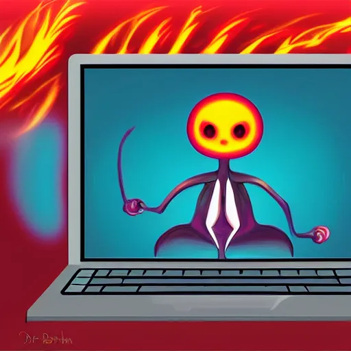 Image similar to a demon using a laptop ~ evil smile ~ lava background ~ digital art ~