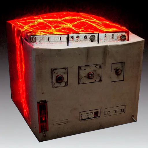 Image similar to a large box made out of human flesh, doom monster, electronic circuitry, skin, flesh!, blood, clumps of hair, lights, led, computer