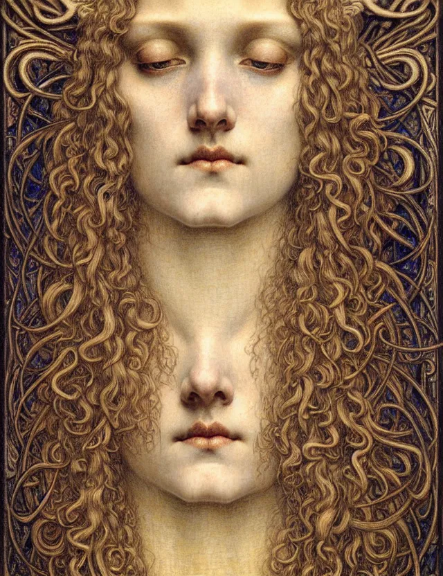 Image similar to detailed realistic beautiful young medieval queen face portrait by jean delville, gustave dore and marco mazzoni, art nouveau, symbolist, visionary, gothic, pre - raphaelite. horizontal symmetry