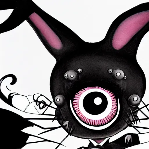 Image similar to A extremely highly detailed majestic hi-res beautiful, highly detailed head and shoulders portrait of a scary terrifying, horrifying, creepy black cartoon rabbit with scary big eyes, laughing and standing up wearing pants and a shirt in the style of Walt Disney