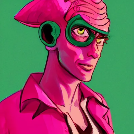 Prompt: a hot pink tiefling with a tinfoil hat, rat on his shoulder, young man, green eyes, horns, exasperated, character art, full body art, dungeons and dragons, d & d, trending on artstation, artgerm, 4 k ultra hd, sharp focus, digital art by ilya kuvshinov and ross tran
