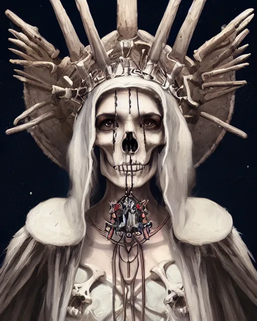 Prompt: illustrated tarot card portrait of a bone queen, bone crown, skull earings, bone dress, stephen bliss, unreal engine, by greg rutkowski, loish, rhads, makoto shinkai and lois van baarle, ilya kuvshinov, rossdraws, global illumination, radiant light, detailed and intricate environment