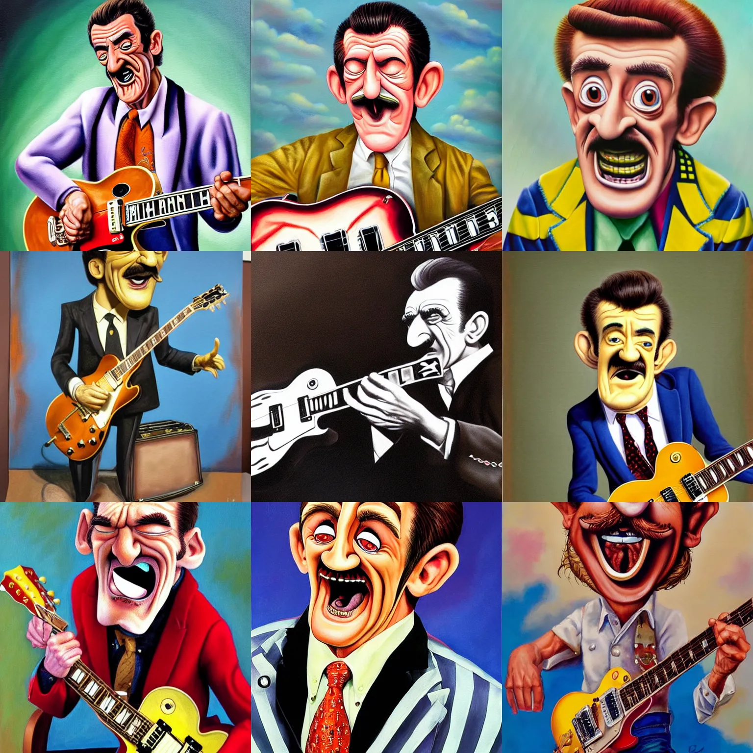 Prompt: beautiful lifelike painting of barry chuckle shreeding on a gibson les paul, hyperreal detailed facial features and uv lighting, art by ed roth and basil wolverton