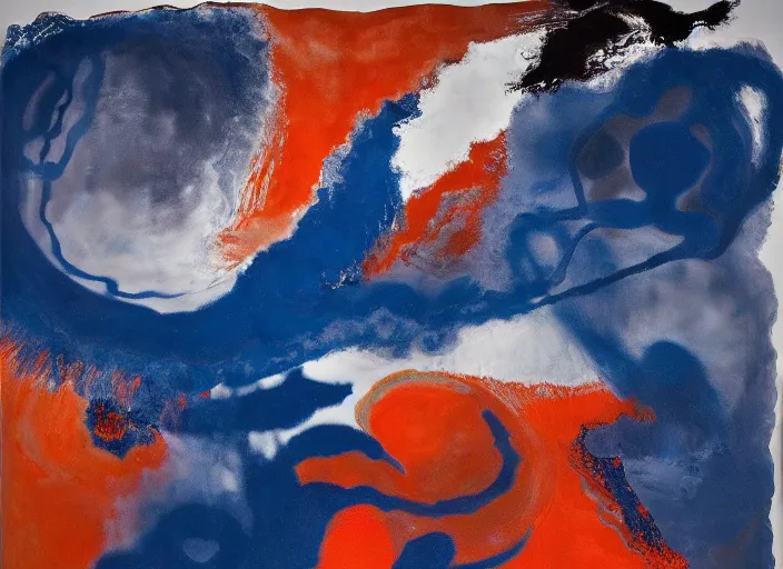 Prompt: swirling abstract painting in dark blue, white, orange, painted by Julian Schnabel, Helen Frankenthaler, Pat Steir and Hilma af Klint, abstract painting, color field painting. 8k, pastose, extreme detail, intricate detail, masterpiece