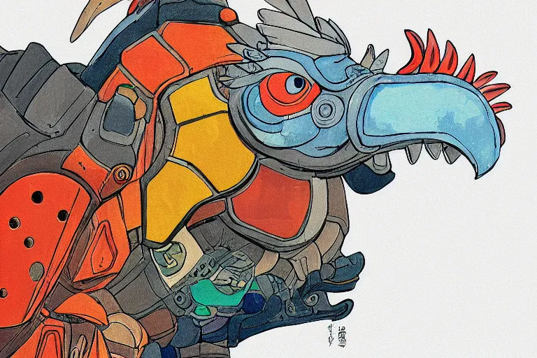 Prompt: illustration of a heavily armoured mechanical rooster by studio ghibli, ominous, livid colors, colorful