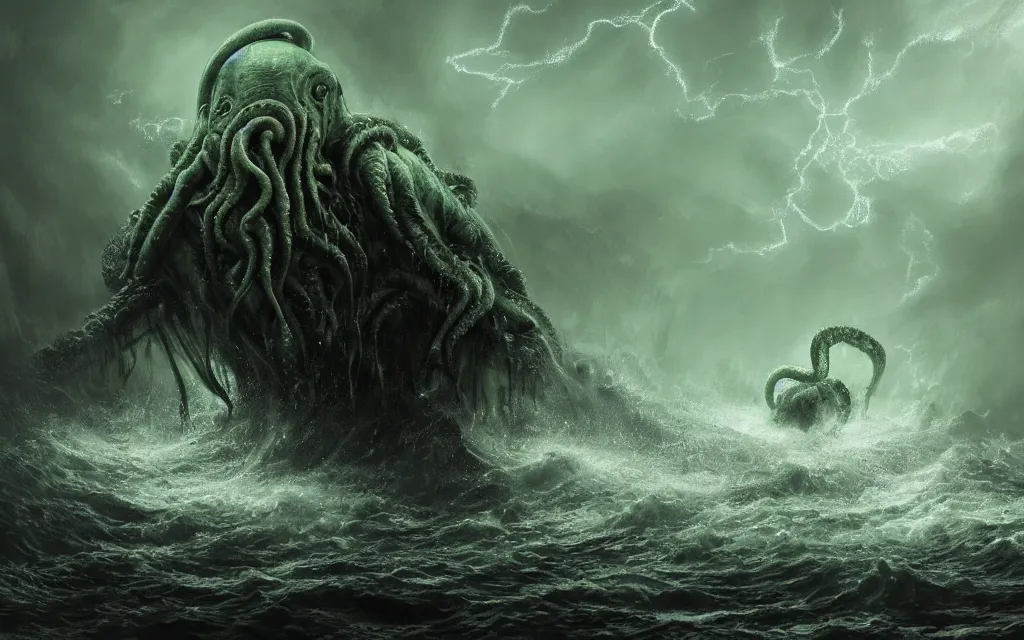 Prompt: concept art of a slimy cthulhu emerging from the ocean, centered composition, thalassophobia, multiple illuminated lightning!!!, thunder!!!, lightning, sharp focus, ultra detailed, hyperrealism, volumetric, amazing depth, by jeremy mann, hr giger, unreal engine highly rendered, ominous, unsettling, misty, cinematic lighting, 8 k