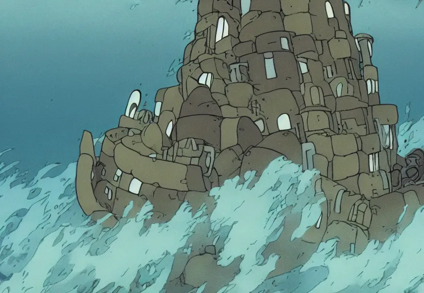 Prompt: a cell - shaded cartoon from howl'moving castle ( 2 0 0 4 ) showing stonehenge underwater at the bottom of the ocean. very dull muted colors, hd, 4 k, hq