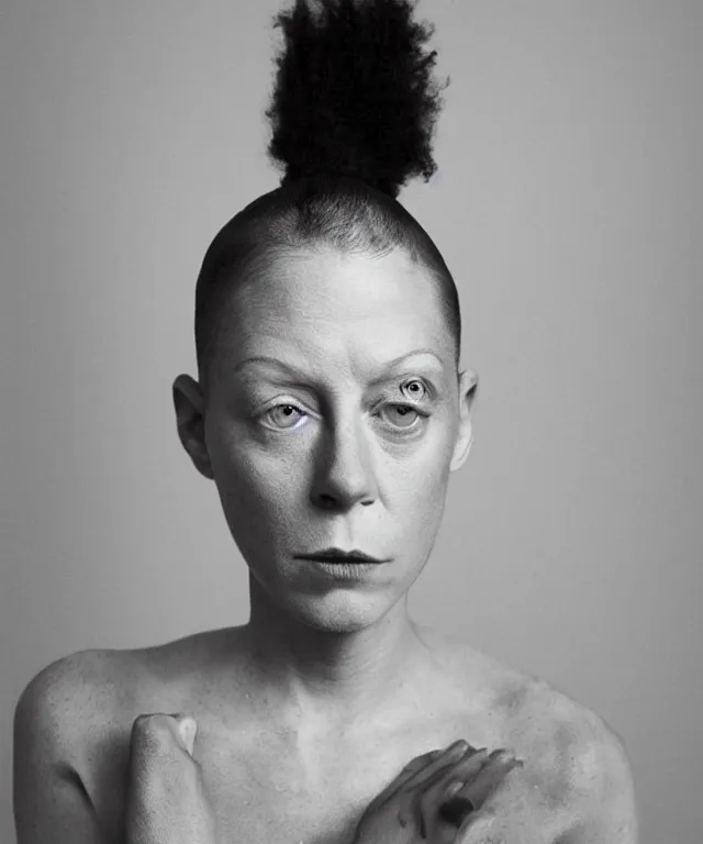 Image similar to a color photograph asia kate dillon, by carrie mae weem, intense, bold, exaggerated, overblown, hyperrealistic, ultra sharp, extra details, ultra high quality, trending on pinteresst