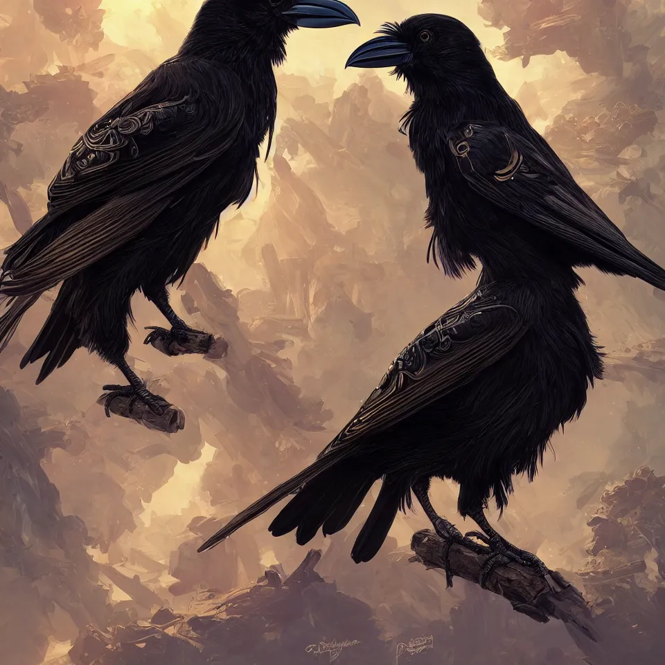 Image similar to beautiful black raven bird with ornate armor, cute, intricate, highly detailed, digital painting, trending on artstation, concept art, smooth, sharp focus, backlit, rim light, vivid colors, illustration, unreal engine 5, 8 k, art by rossdraws and alphonse mucha