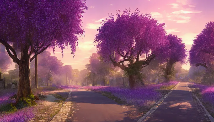 Prompt: landscape of a beautiful street full of wysteria flowers, purple lighting, sunset, dusk. old houses by the roads and fir trees. hyper detailed, artstation cgsociety, 8 k