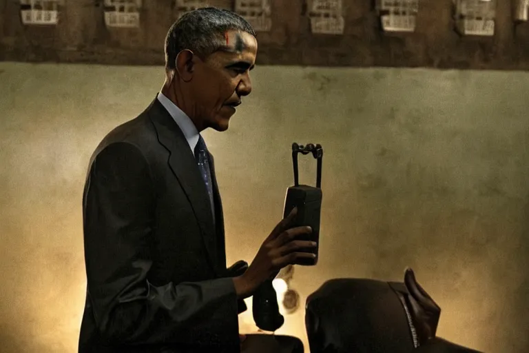 Prompt: barack obama on the electric chair, a still from the green mile, dramatic lighting