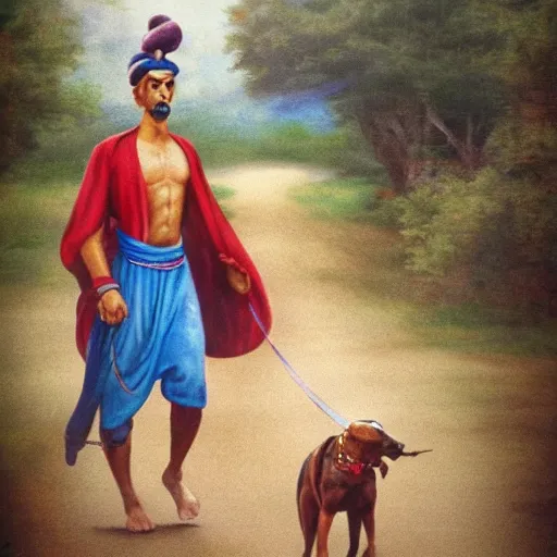 Prompt: a genie walking a dog