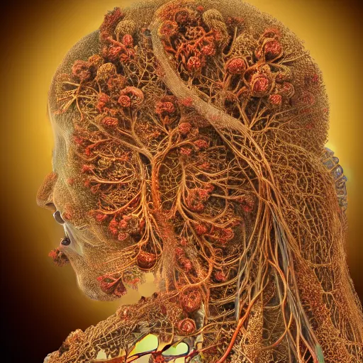 Image similar to beatifull face portrait of a woman, 150 mm, anatomical, flesh, flowers, mandelbrot fractal, facial muscles, veins, arteries, intricate, golden ratio, full frame, microscopic, elegant, highly detailed, ornate, ornament, sculpture, elegant , luxury, beautifully lit, ray trace, unreal, 3d, PBR, in the style of peter Gric , alex grey and Romero Ressendi