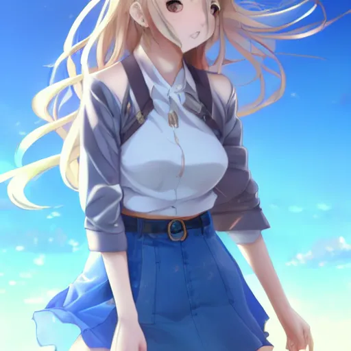 Image similar to a very beautiful anime grown girl, full body, long wavy blond hair, sky blue eyes, full round face, short smile, fancy top, miniskirt, front view, medium shot, mid-shot, highly detailed, cinematic wallpaper by Stanley Artgerm Lau