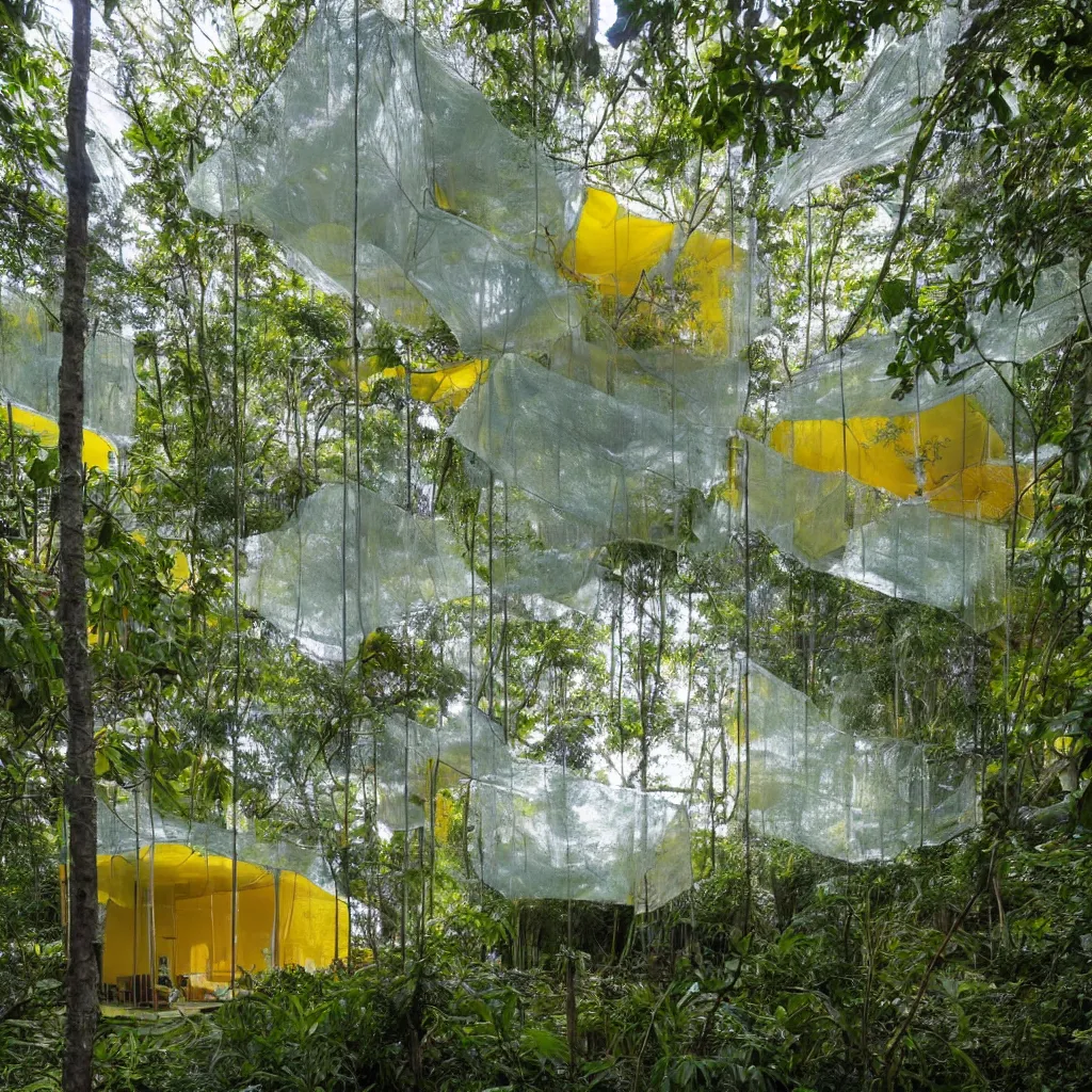 Prompt: interior shot of a crystalline glass house with translucent yellow mesh tarps in a dense jungle