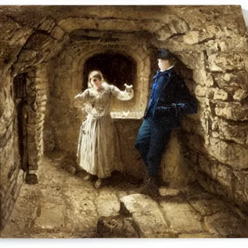 Image similar to young victorian man and woman solving a riddle carved into a stonewall in a dungeon, by alfred stevens