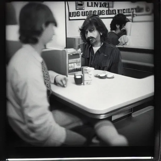 Prompt: jesus taking a lunch break at his day shift at mcdonald ’ s circa 1 9 8 0, polaroid image