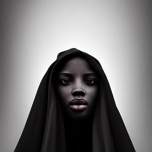 Image similar to a portrait of a young black woman wearing a long dark cloak, hood and shadows covering face, anatomically correct, beautiful perfect face, enigmatic, oil painting, matte painting, black background, Volumetric dynamic lighting, Highly Detailed, Cinematic Lighting, Unreal Engine, 8k, HD, by Beksinski