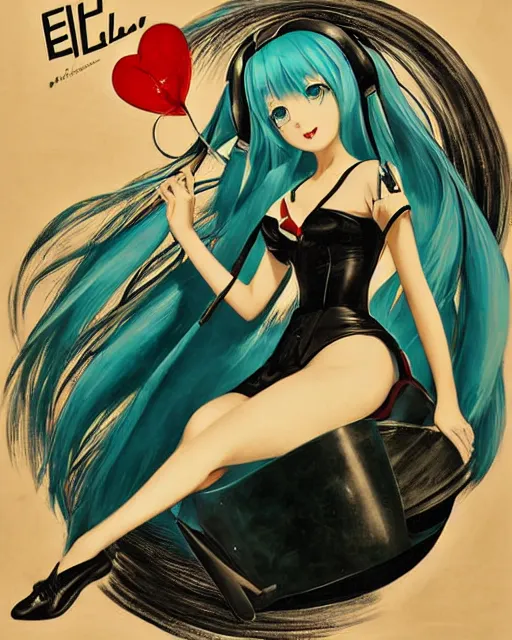 Image similar to hatsune Miku by Gil Elvgren and Enoch Bolle