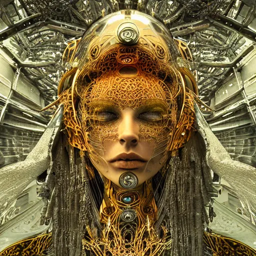 Image similar to cybernetic deity dreaming itself into reality with its networked mind, lsd, intricate detail, royo, whealan, giger, klimt, hd, octane render, unreal engine,