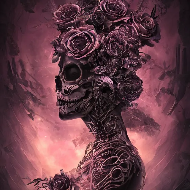 Image similar to a chaotic goddess of death skeleton as a heroine, intricate, elegant skull black rose s day of the dead atmospheric, dramatic, Trending on artstation. augmentations and cybernetic enhancements neon circuits, greg rutkowski , hyperrealist, cinema4D, 8k highly detailed