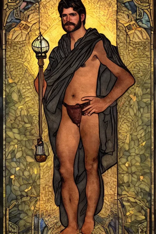 Prompt: tarot card of a shirtless handsome! cowboy holding a lantern | he is wearing a cloak and loincloth | dad bod, homoerotic, art deco, art nouveau, intricate, highly detailed | by louis comfort tiffany | trending on artstation