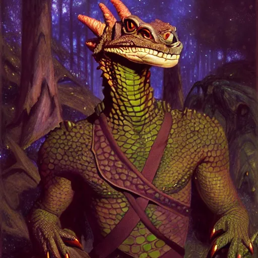 Image similar to a portrait of a male reptile lizard lizardman dragon in star trek uniform at night in a dark forest. zootopia fursona furaffinity detailed face painting by gaston bussiere craig mullins jc leyendecker gustav klimt artgerm greg rutkowski