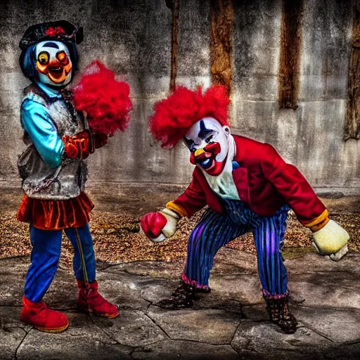 Image similar to fighting clowns. Award winning photography